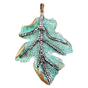 NWOT Patinaed Brass Leaf Hematite Crystal Pendant
